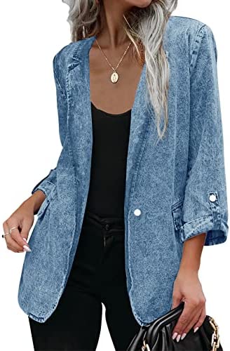 Karlywindow Womens Denim Blazer Suit Notched Lapel Casual Rolled Sleeve Button Up Washed Jean Jacket Coat
