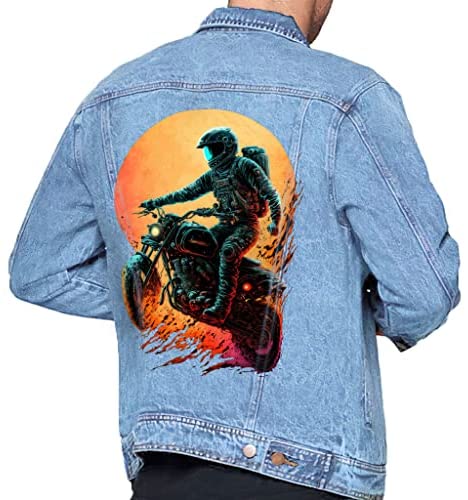 Biker Themed Light Washed Men’s Denim Jacket – Cool Denim Jacket – Best Design Jacket for Men