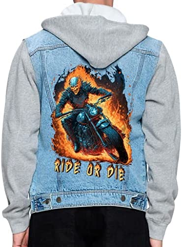 Ride Or Die Men’s Denim Jacket – Cool Print Jacket With Fleece Hoodie – Themed Jacket for Men