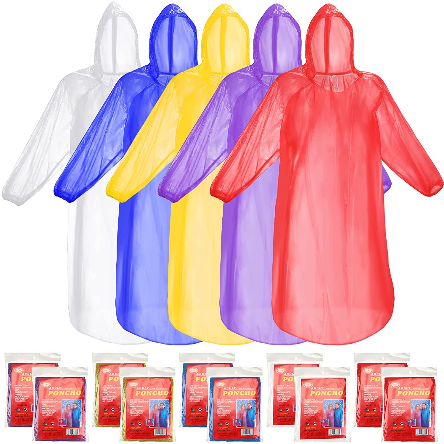 Coume 40 Pack Rain Poncho Family Emergency Ponchos Disposable Waterproof Drawstring Hood Clear Survival Raincoat for Women Men Adult Kid, 5 Colors, approx. 50 x inches