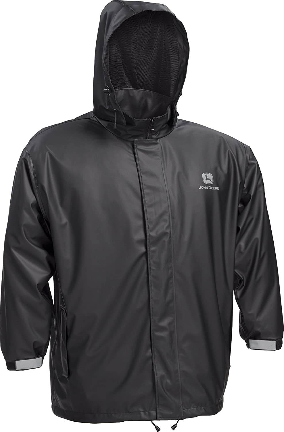 John Deere JD44540J Stretch PU Jacket – [Black] Large, Mesh Lining, Reflective Logo with Tuck in Hood