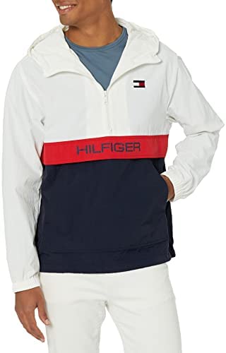 Tommy Hilfiger Men’s Retro Lightweight Taslan Hooded Popover Water Resistant Windbreaker Jacket