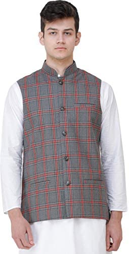 Exotic India Nehru Jacket with Double Check Pattern and Front Pockets