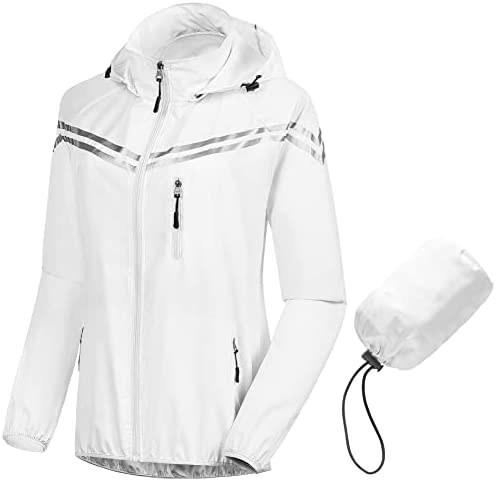 CREATMO US Women’s Packable Waterproof Running Rain Coat Reflective Cycling Jacket Windbreaker With Detachable Hood