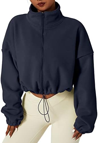 QINSEN Women’s Full Zip Fleece Short Jacket Warm Winter Long Sleeve Stand Collar Sherpa Crop Coat
