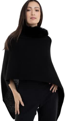 Alashan Luxe100% Cashmere Windchill Fox Trim Dress Topper Poncho: One-Size Cashmere Wrap Poncho – Lightweight, soft & Cozy