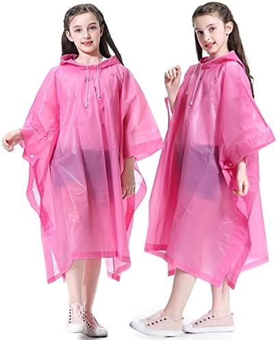 Rain Ponchos for Kids, 2 Pack Raincoats with Drawstring Hood for Boys Girls, Emergency Rain Jacket for Outdoor