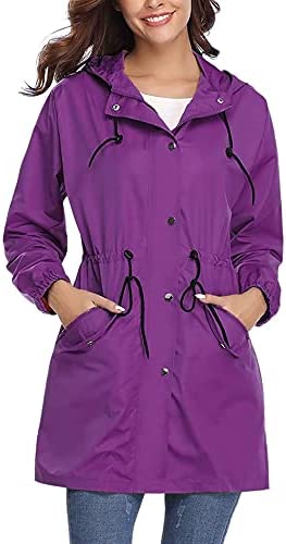 Alebame Women’s Long Raincoat Lightweight Rain Jackets Waterproof Windbreaker Drawstring Rain Protection