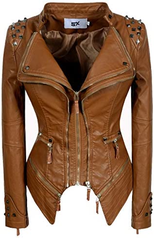 LFSS Women’s classic Lapel dovetail rivet leather jacket casual personality fashion sexy punk motorcycle jacket solid color