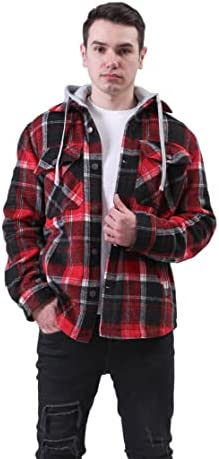 Polydeer Men’s Long Sleeve Plaid Shirt Flannel Fleece Lined Jacket w/Detachable Hood Heavyweight Button Down Pocketed Coats