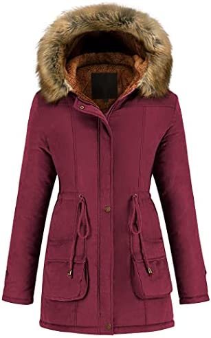 Garemcy Women’s Winter Coat Hooded Warm Puffer Quilted Thicken Parka Jacket with Fur Trim Wine Red Large