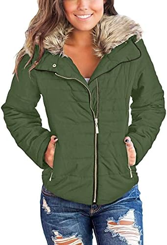 Vetinee Women Casual Faux Fur Lapel Zip Pockets Quilted Parka Jacket Puffer Coat