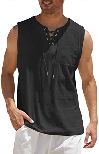 COOFANDY Men’s Cotton Linen Tank Top Shirts Casual Sleeveless Lace Up Beach Hippie Tops Bohemian Renaissance Pirate Tunic