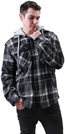Polydeer Men’s Long Sleeve Plaid Shirt Flannel Fleece Lined Jacket w/Detachable Hood Heavyweight Button Down Pocketed Coats