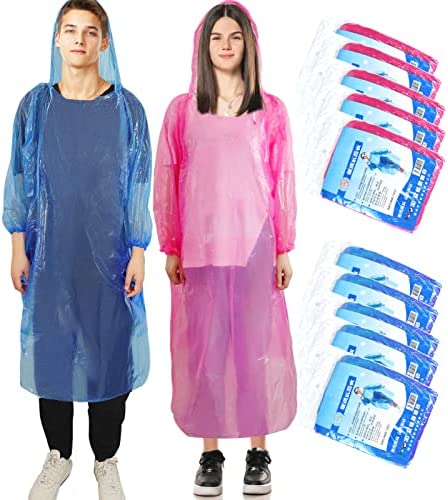10 packs Disposable Rain Ponchos for Family Adults 5 Blue&5 Pink Emergency Rain Ponchos Thick Rain Coat with Drawstring Hood for Women, Men, and Kids