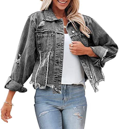 SANMM Women’s Button Down Jean Jacket Regular Fit Long Sleeve Stretch Denim Jackets Coat with Pockets