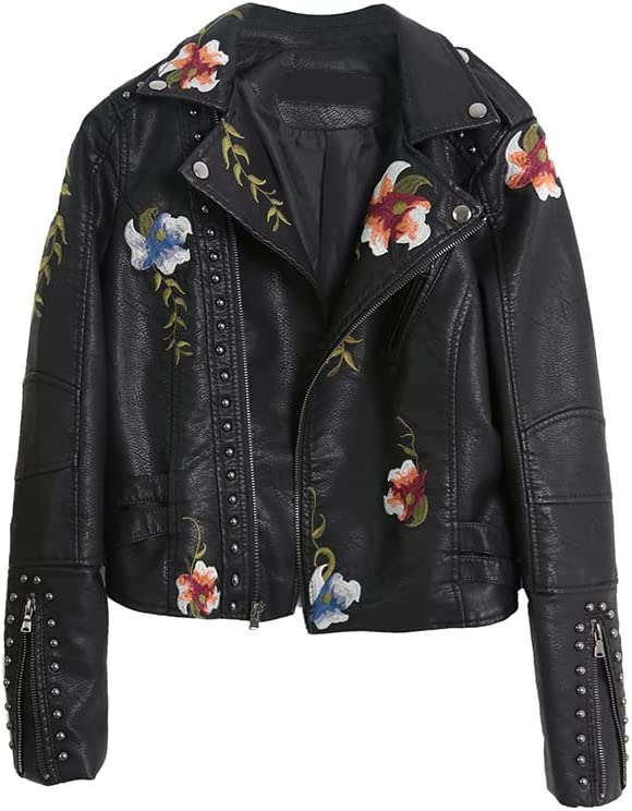 YXYSZZ Women’s Embroidered Rivet Faux Leather Jacket Motorcycle Biker Jacket