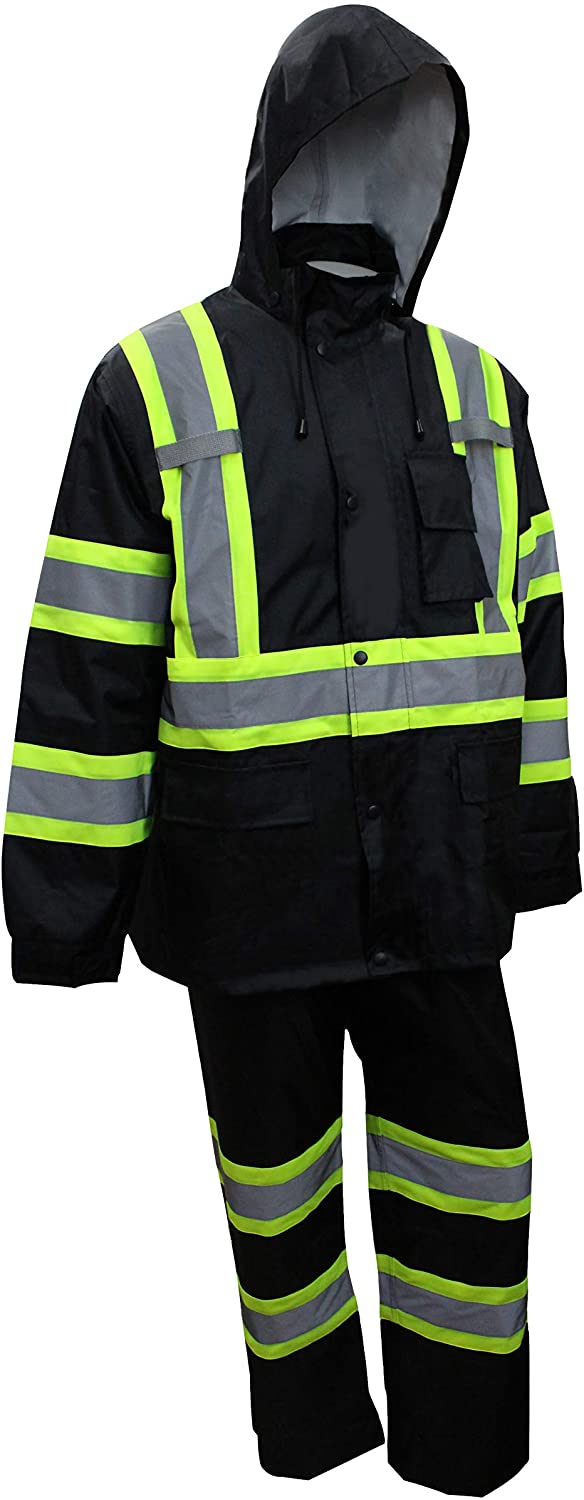 RK Safety TBK66 Class 3 Rain suit, Jacket, Pants High Visibility Reflective Black Bottom with X Pattern(Large, Black)