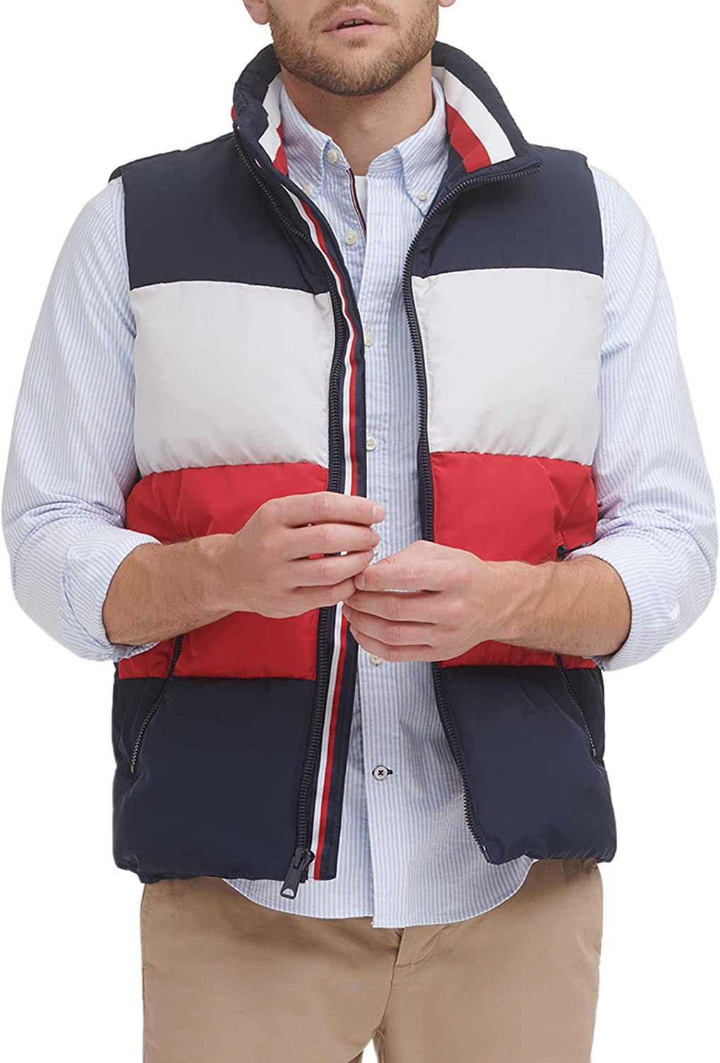 Tommy Hilfiger Men’s Quilted Stand Collar Vest, Midnight/Ice/Red, Large