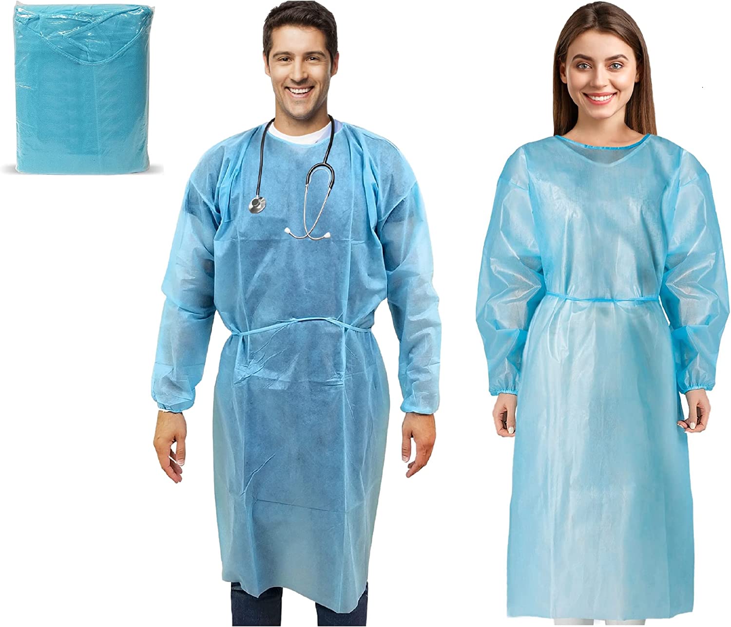 MEDICAL NATION 10 Pack Disposable Isolation Gowns – Blue Level 2 SMS 40gsm Non-Woven Material – PPE Gowns Disposable for Dental, Medical Use, Fluid-Resistant and Latex-Free Gowns, Universal Size