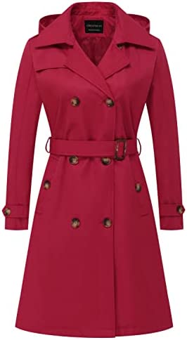 CREATMO US Women’s Long Trench Coat Double-Breasted Classic Lapel Overcoat Belted Slim Outerwear Coat with Detachable Hood