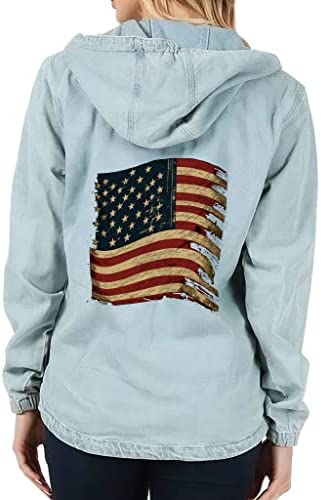 USA Flag Women’s Denim Jacket with Hoodie – Themed Ladies Denim Jacket – Print Denim Jacket