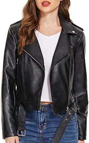 Fahsyee Women’s Leather Jackets, Faux Motorcycle Plus Size Moto Biker Coat Short Lightweight Vegan Pleather Fashion