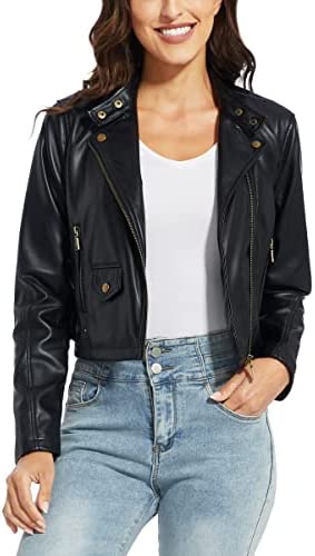 Fahsyee Women’s Faux Leather Jackets, Zip Up Motorcycle Short PU Moto Biker Outwear Fitted Slim Coat
