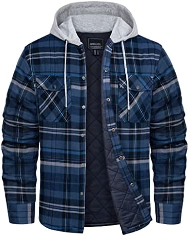 KEFITEVD Men’s Flannel Shirt Jacket Winter Warm Long Sleeve Quilted Lined Plaid Coats Soft Button Down Thick Shirts with Hood