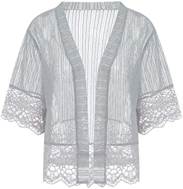 Women Casual Lace Crochet Cardigan Short Sleeve Sheer Cover Up Jacket Ruffle Open Front Blouse Tops Summer Kimono Cardigans