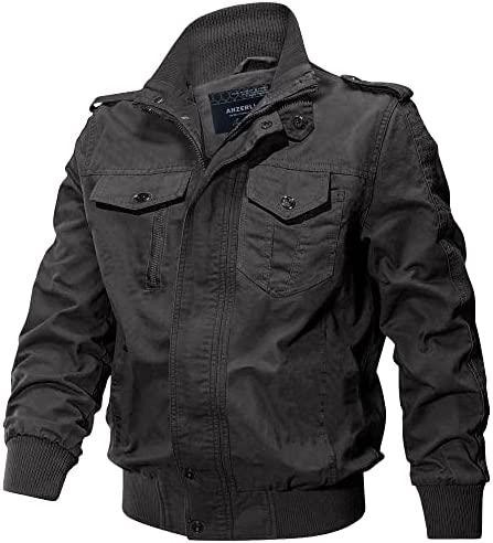 anzerll Men’s Lightweight Cotton Jacket Military Stand Collar Coat Casual Windbreaker With Multi-pockets