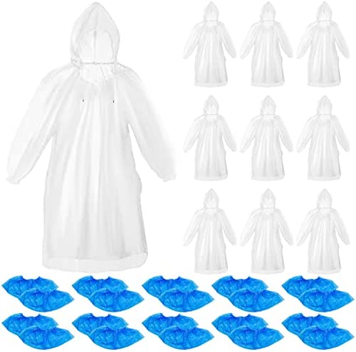 Jolbndcv Disposable Rain Ponchos,10 Pack Waterproof Emergency Rain Poncho Adult Rain Coats With Hood & 10 Pairs Shoe covers for Adult