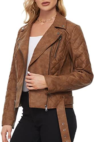 Fahsyee Women’s Leather Jackets, Faux Motorcycle Plus Size Moto Biker Coat Short Lightweight Vegan Pleather Fashion