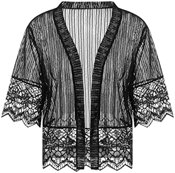 Women Casual Lace Crochet Cardigan Short Sleeve Sheer Cover Up Jacket Ruffle Open Front Blouse Tops Summer Kimono Cardigans