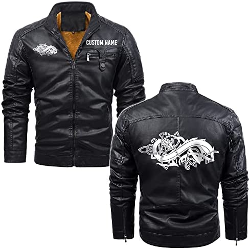 Norse Dragons Viking Dragon Longships| Custom Name|Men Zip Pocket Black Brown Fleece Leather Jacket Coat