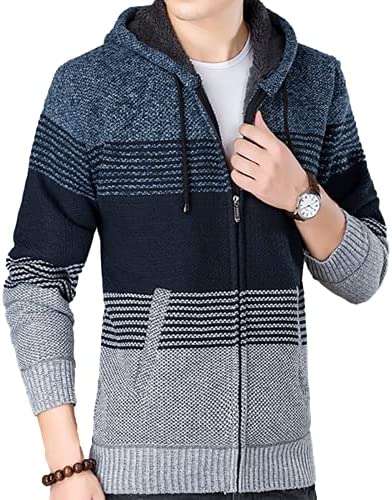PUWEI Mens Cable Knit Cardigan Sweater Fleece Lined Colorblock Zip Up Slim Hooded Jacket with Pocket