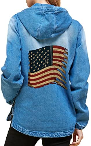 USA Flag Women’s Denim Jacket with Hoodie – Themed Ladies Denim Jacket – Print Denim Jacket