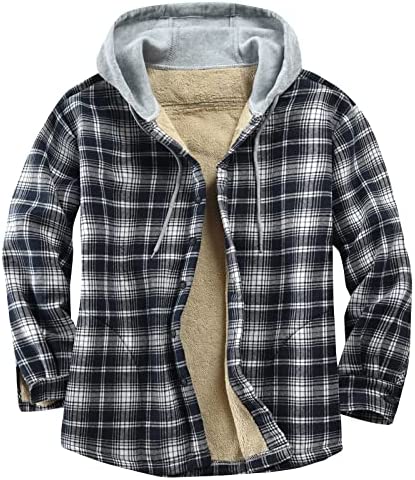 Derbars Men’s Cotton Plaid Shirts Jacket Fleece Lined Flannel Shirts Sherpa Button Down Jackets with Hood for Men