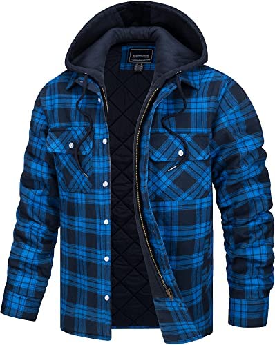 TACVASEN Men’s Hooded Quilted Lined Flannel Shirt Jacket Plaid Button Down Shirts Zipper Jacket
