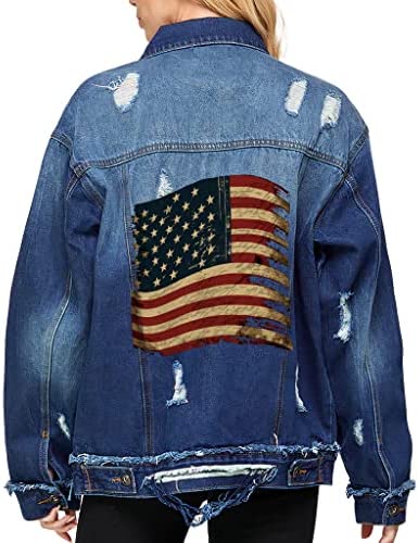 USA Flag Women’s Oversized Denim Jacket – Themed Ladies Denim Jacket – Print Denim Jacket