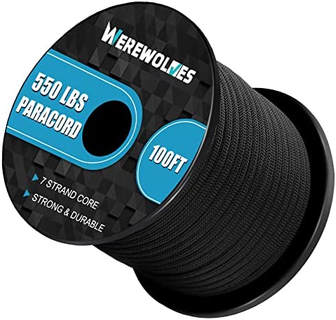 WEREWOLVES 550lb Paracord/Parachute Cord – 7 Strand Core Paracord Rope – Type III Parachute Cord 100′, 200′, Paracord for Camping, Hiking and Survival (100FT, Black)