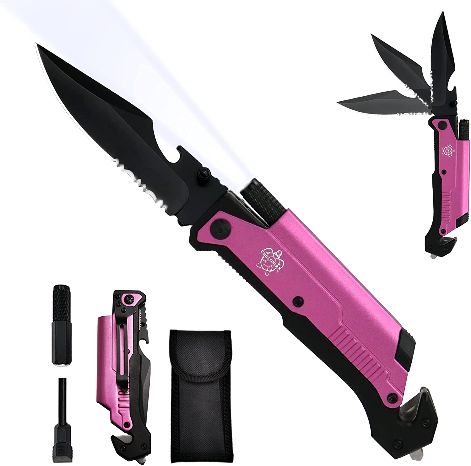 CHELONIAN 8.5" Military Outdoor Hunting Camping Pocket Knife, 7 in 1 Multi-Function Folding Knives with Fire Starter LED Light Seatbelt Cutter Glass Breaker Bottle Opener Tactical Blade (Pink)