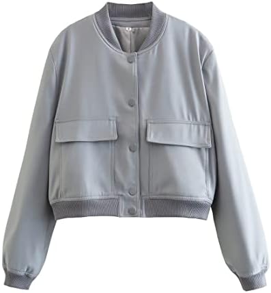 Bienmorn Women’s Cropped Bomber Jacket Casual Streetwear Long Sleeve Varsity Baseball Jackets with Pockets