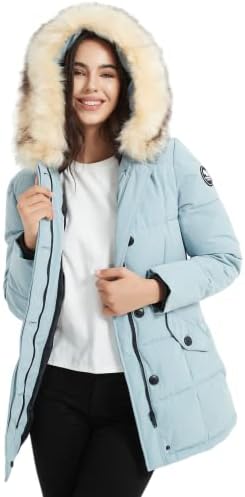 Molemsx Women’s Padded Jacket, Ladies Fur Hooded Thickened Vegan Down Long Parka Winter Outwear Warm Puffer Coat XS-XXL