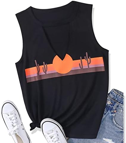 Womens Summer Country Music Tank Top 70s Desert Horizons V Neck Cutout T Shirt Sleeveless Cactus Graphic Vintage Tee