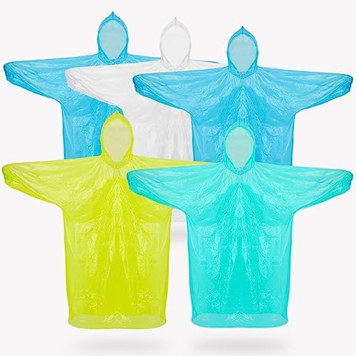 DuoGolden Rain Ponchos for Adults, 5 Pack 4 Colors Ponchos Family Pack, Thicker Poncho Raincoat Reusable Waterproof with Hood and Cuff, Individually Wrapped Disposable Emergency Ponchos for Men Women