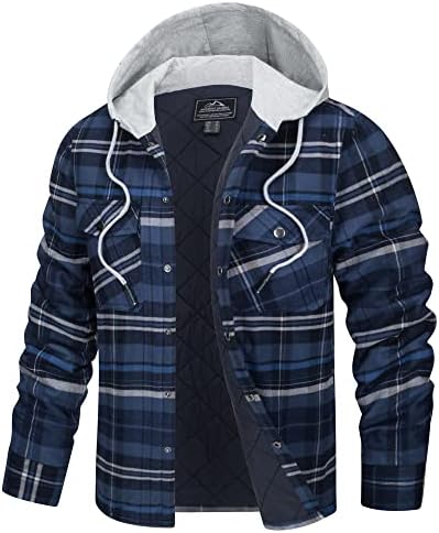 TACVASEN Men’s Hooded Shirt Jacket Thick Plaid Flannel Shirts Quilted Lined Long Sleeve Winter Cotton Coat with Pockets