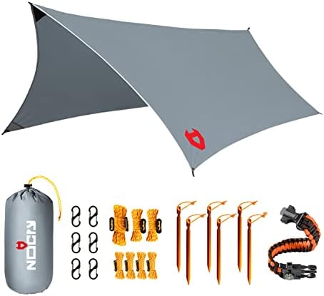 Rain Fly by NoCry 12×10 Lightweight Survival Camping Tarp; 100% Waterproof; Makes a Great Backpacking Tarp or Hammock Shelter; Comes in Multiple Colors, Survival Bracelet Included; Grey