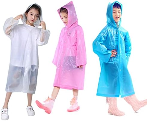 Kids Rain Ponchos, 3 Packs Portable Reusable Emergency Raincoats for 6-12 Years Old for Camping Hiking Traveling Backpacking