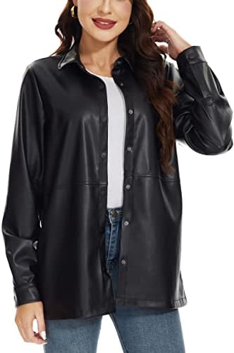 Fahsyee Women Faux Leather Shacket Moto Biker Shirts Loose Fit Blazer Long Sleeves Button Casual Jacket Plus Size S-XXL